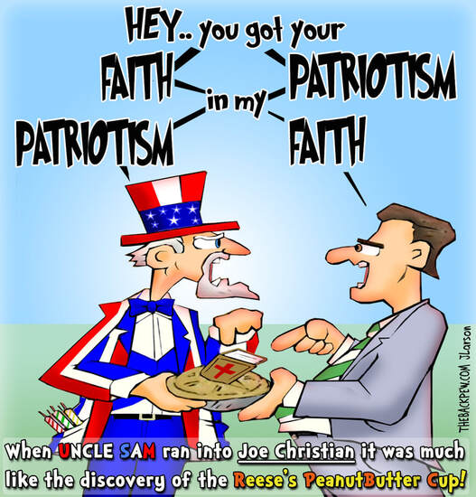 This Christian cartoon features Uncle Sam and Joe Christian meeting  like a Reese's Peanut Butter  Cup
