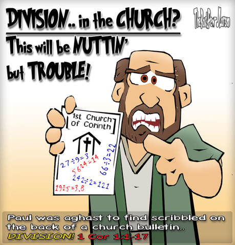 This bible cartoon features the bible story from 1 Corinthians 1:1-17 where the Apostle Paul speaks out against division in the church