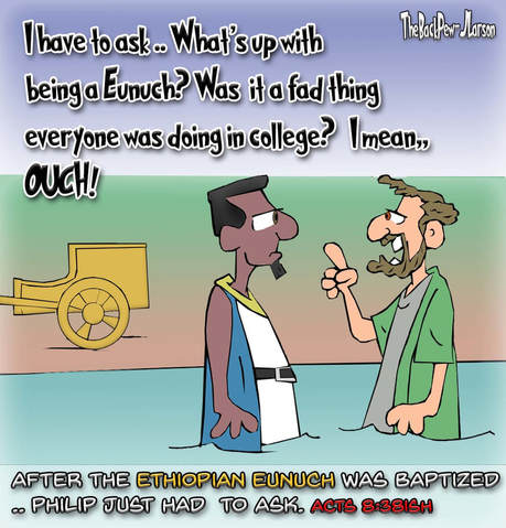 This bible cartoon features the story from Acts 8 where Philip baptizes the Ethiopian Eunuch