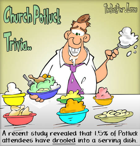This christian cartoon features the disturbing church potluck dinner trivia regarding drool