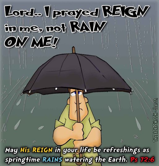 This christian cartoon features Psalm 72:6 with the request Lord  reign in me not rain on me