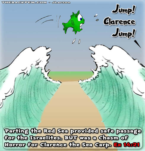 This bible cartoon features the story in Exodus 14 where Moses part the Red Sea leaving Clarence the Carp horrified