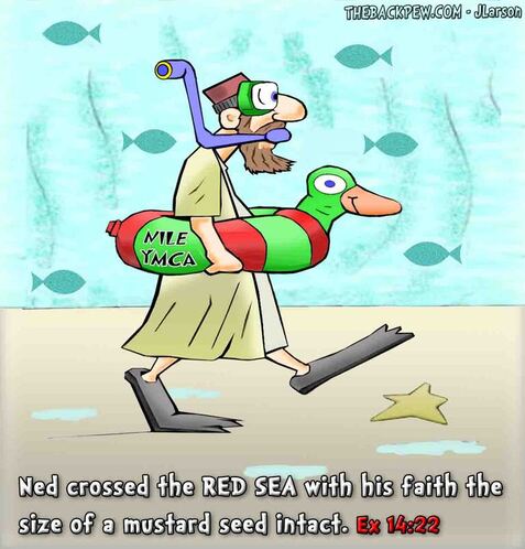 This bible cartoon features Moses parting the Red Sea in Exodus 14 where Ned crossed with some saftey concerns