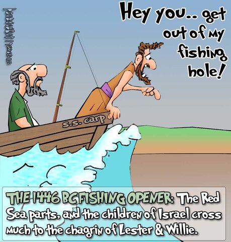 This bible cartoon features the story in Exodus 14 when Moses parts the Red Sea and so frustrates the local fishermen