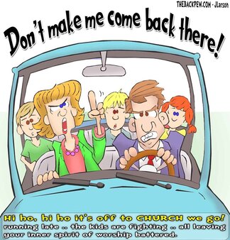 This Christian cartoon features the stereotypical family ride of exasperation to church