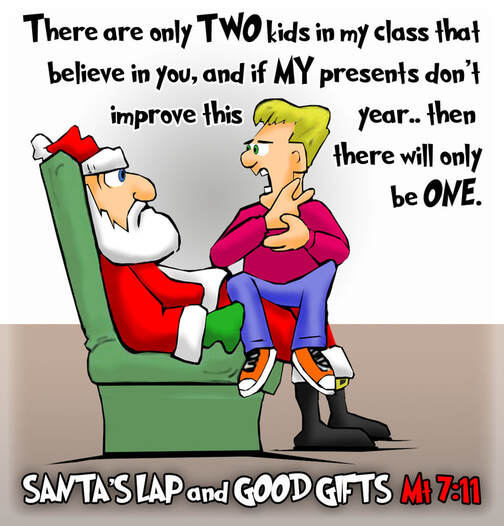 This Christmas cartoon features a little boy on Santa's lap with doubts