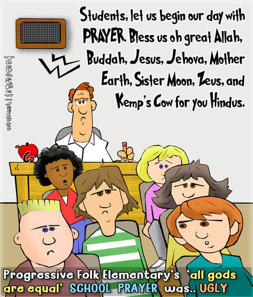 This christian cartoon features a very inclusive school prayer