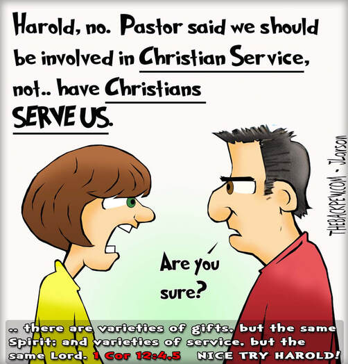 This christian cartoon features confusion by Harold regarding being involved in Christian Service