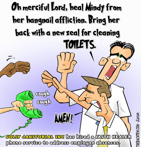 This christian cartoon features sick day faith healers