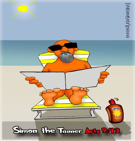 This bible cartoon features Summer Sunshine and Simon the TANNER from Acts 9
