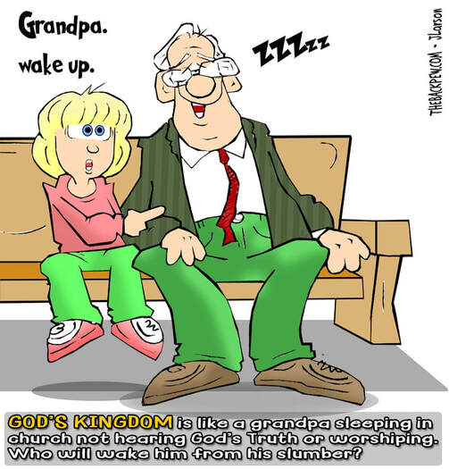 This christian cartoon features a grandpa falling asleep in church