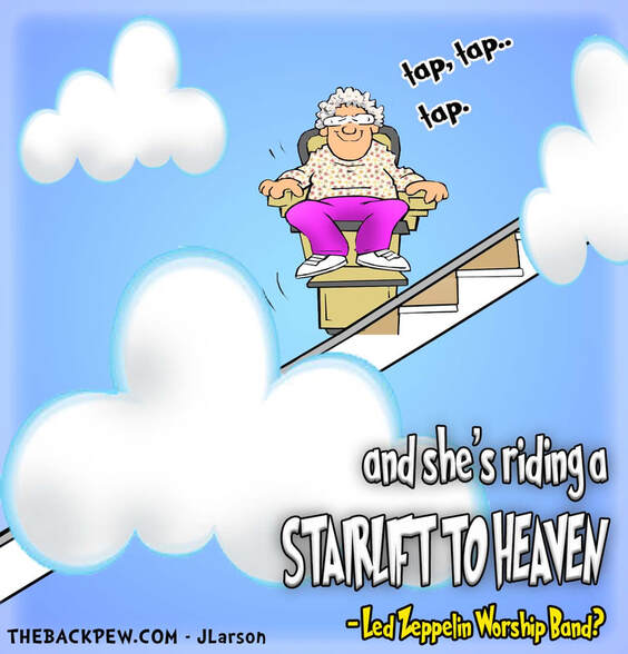 This christian cartoon features a senior stairlift to Heaven