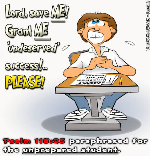 This christian cartoon features an unprepared student praying for God's help on a test