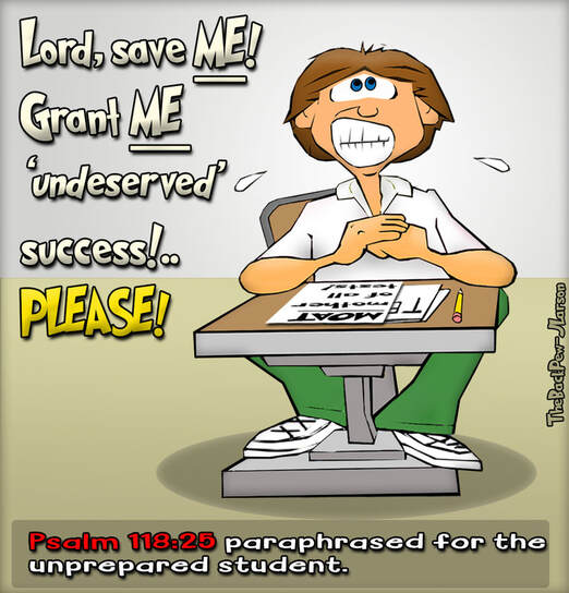 This christian cartoon features an unprepared student praying for God's help on a test