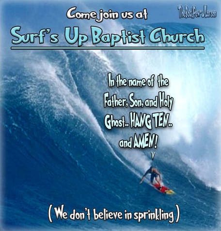 This Christian Cartoon features Baptism at Surf's Up Baptist Church