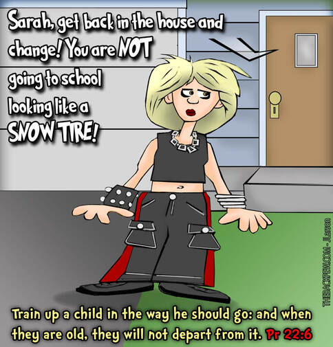 This christian cartoon features a parent stopping their teenage daughter from going to school dressing goth/punk