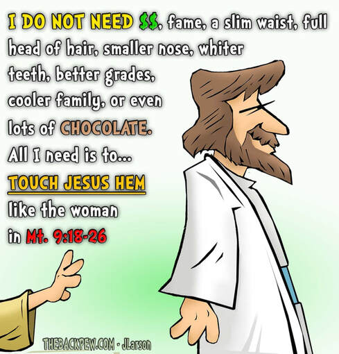 This gospel cartoon features  the woman tourching Jesus hem and being healed as told in Matthew 19