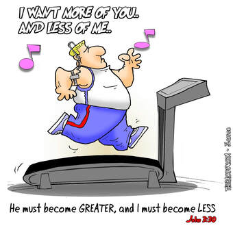 This christian cartoon features a man on a treadmill living out John 3:30 one drop of sweat at a time