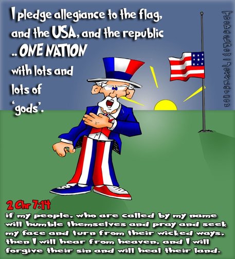 This christian cartoon features Uncle Sam reciting the pledge but having trouble with the concept of God.