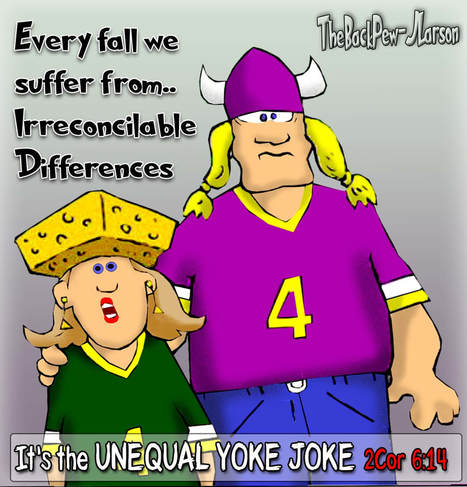 This marriage cartoon features a Green Bay Packer wife and a Minnesota Viking husband with irreconcilable Differences