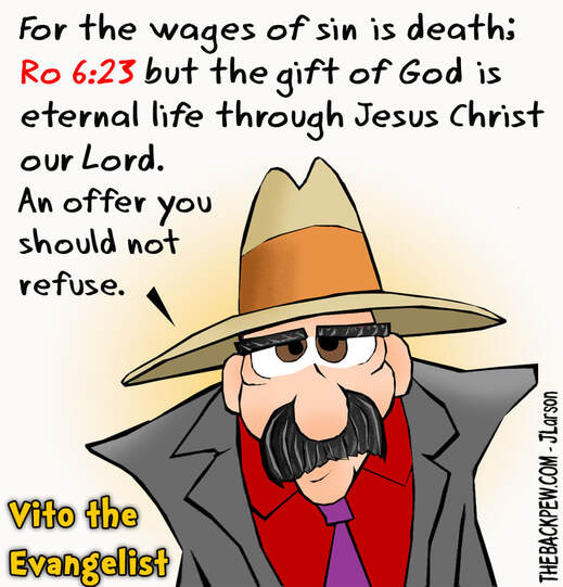 This Christian cartoon Vito the Evangelist sharing the gift of God, and offer you should not refuse