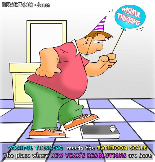 This Christian cartoon features a man's wishful thinking meeting his bathroom scale.