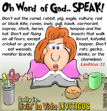 This Christian Cartoon features Sally digging deep in her bible reading  in Leviticus