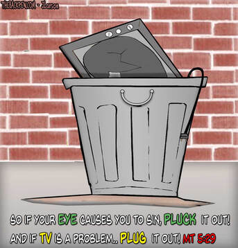 This Christian cartoon features a television thrown into the trash.
