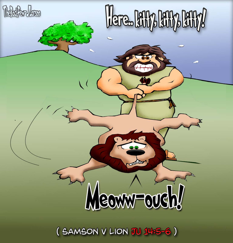 This christian cartoon features the bible story from Judges 14 where Samson fought the Lion