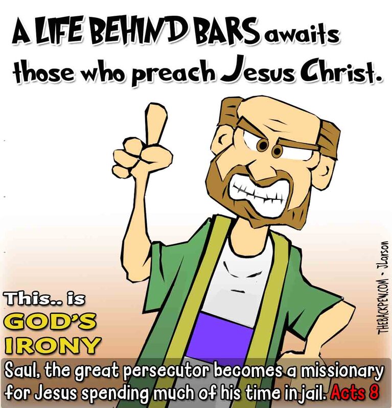 This bible cartoon features the Acts 8 story of irony where Saul the great persecutor of the church would soon be Paul the first great missionary of the church