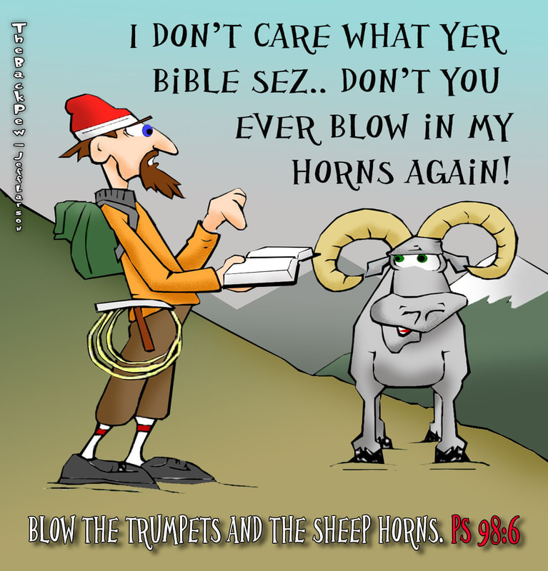 This christian cartoon features Psalm 98:6 where a live sheep has his horns blown