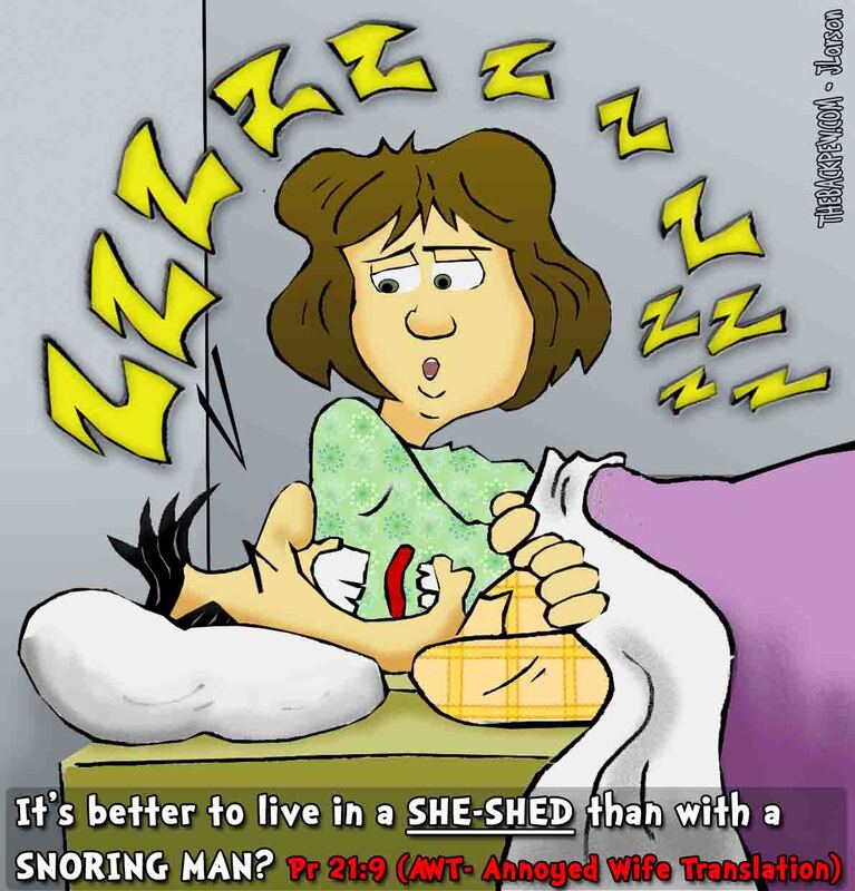 This marriage cartoon features a paraphrase of Proverbs 21:9 sympathetic to a wife putting up with her husband snoring