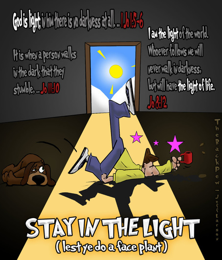 This christian cartoon features the gospel teaching of Jesus Christ to stay in the light else you stumble in the darkness