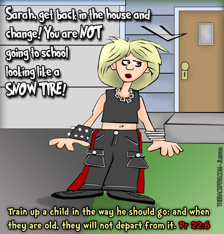This christian cartoon features a parent stopping their teenage daughter from going to school dressing goth/punk