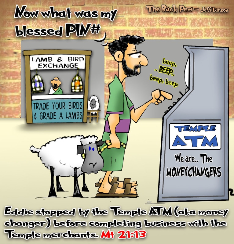 This gospel cartoon features  the temple money changers as ATM machines
