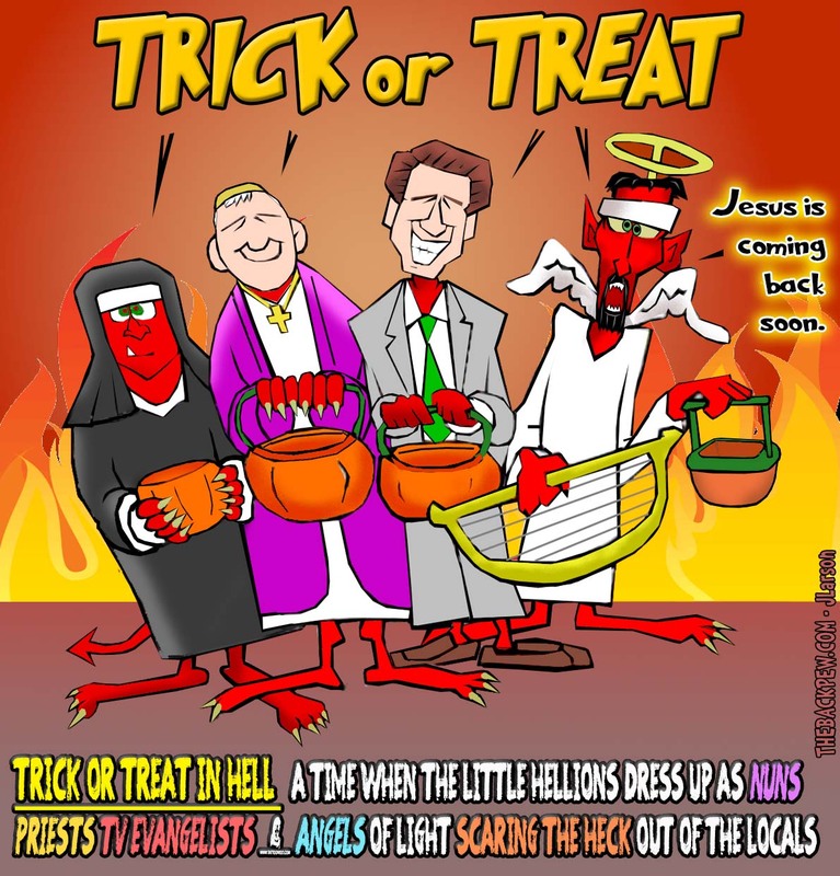 halloween cartoons, christian cartoons, trick or treat in hell cartoons