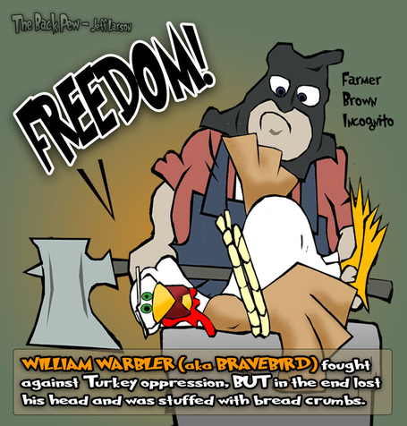 This Thanksgiving cartoon features the Bravebird Turkey