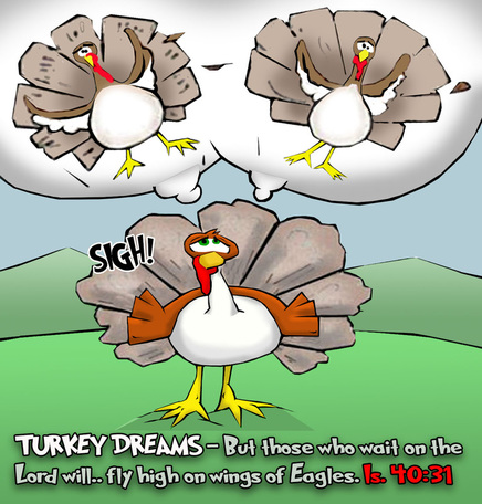 This Thanksgiving cartoon features a turkey dreaming of eagle wings