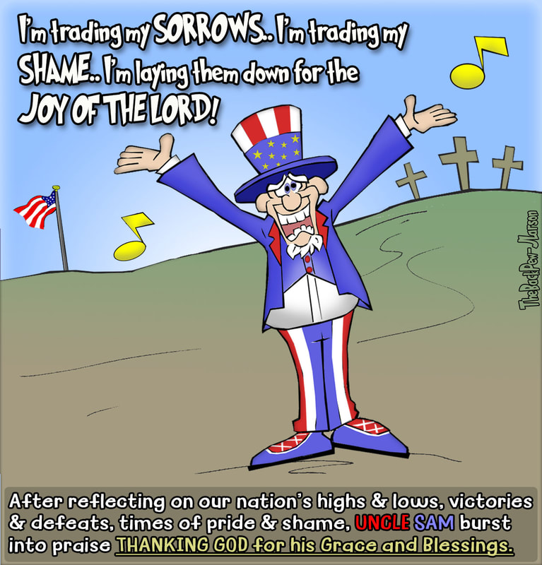 This christian cartoon features Uncle Sam worshiping God