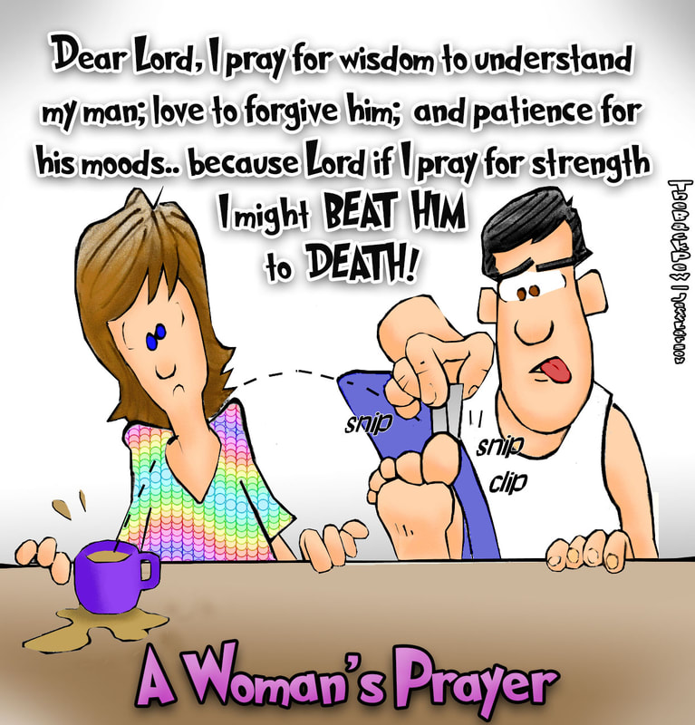 This marriage cartoon features the woman's prayer for her man.