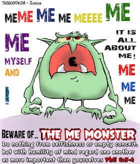 This christian cartoon features illustrates  selfishness in the form of the Me Monster